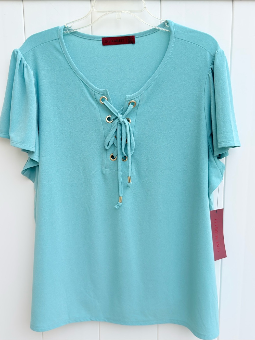 NWT Love Scarlett Teal Lace-Up V-Neck Women's Short Sleeve Top 2X